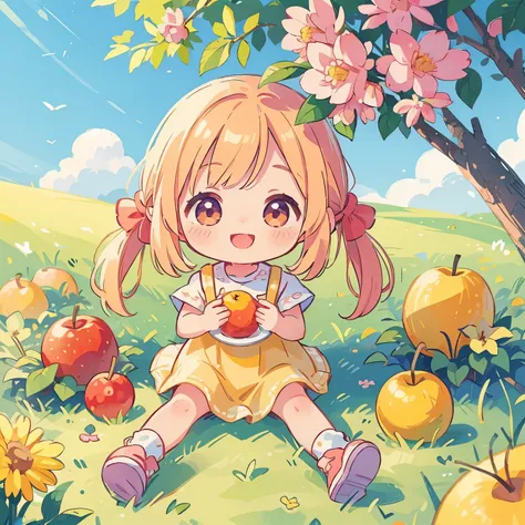 (photorealistic:1.37)、octane rendering、chibi girl doll in the center of a fruit platter、girl has twin tail hairstyle and smiles、...