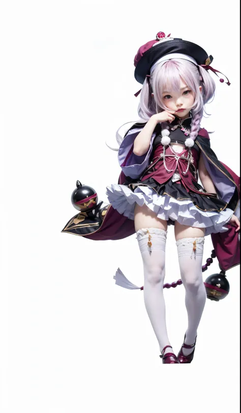 Qiqi, genshin impact, liyue, female, gradient light purple hair, burgundy eyes, burgundy cape, white stocking, black shoes with burgundy plushes, white beads necklace with burgundy ribbon, dark purple hat with gold vampire seal, white tip on top, burgundy ...