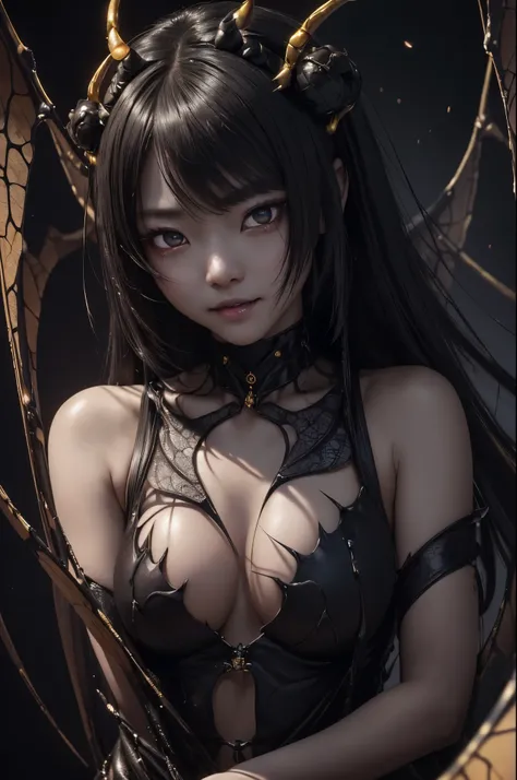 NSFW、Black light、Real Art、A very delicate and beautiful Asian giant hornet girl、Super fine、1 girly,黒と黄colorの髪、Hornet personification、terrible、creepy smile、(((Spooky horror、wise、I was horrified、monster、Mobeki、Insanity))Glowing black eyes、floating、detailed l...