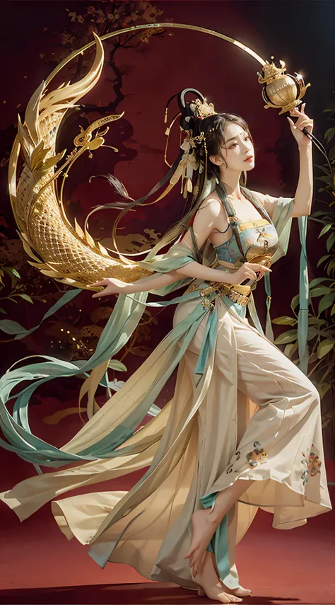 masterpiece, traditional Chinese painting, 1 girl, long white hair, looking at the audience,dance,perfect facial features, Titillating, （Holding a willow branch in hand）, Dunhuang_style, Dunhuang_clothing, Ultra HD Dragon Horn, The dragon is flying, 4K, be...