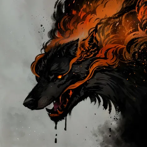 there is a drawing of a wolf with a fire on its face, fenrir, wolf in hell, grim - wolf, dire wolf, fire lion, by Wolf Huber, dramatic artwork, by Adam Szentpétery, profile image, extremely high quality artwork, just art for dark metal music, dark high-con...