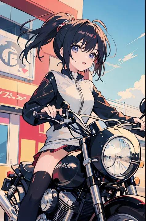 anime girl, short, riding a motorcycle, from the front, up close, front facing, 