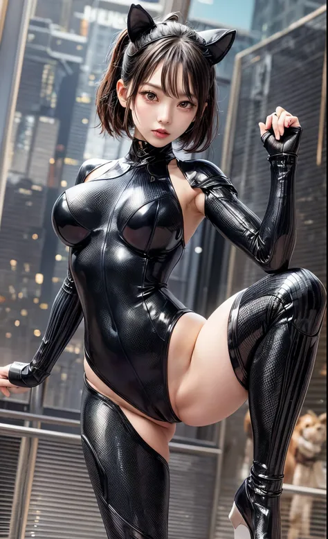 delicate face, 20 year old KPOP idol {cyborg} girl, (carbon fiber cyborg body), carbon fiber body, {{angled bob}}, (big breasts:1.15), (mechanical joint), bangs, attractive curves, central pelvis, seaside, standing posture, beach, glowing skin, ((Puffia le...