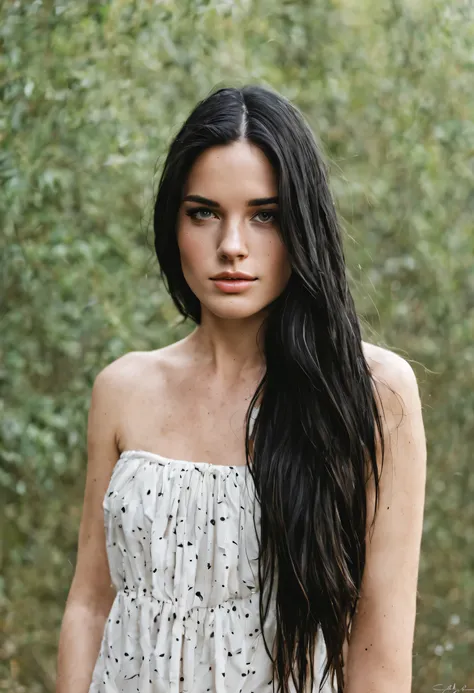 Beautiful girl with black flowing hair and freckles on her cheeks.