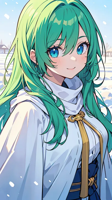 ((A Pretty girl with green hair and blue eyes)), ((cape coat)),  face, ((master piece, top-quality, ultra-definition, high resolution)), anime girl, ((ultra-detailed illust:1.2)), only one person, bangs, hair between eye, beautiful hair, Beautiful eyes, Me...