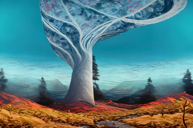 painting of a tree with a sky background and a mountain in the background, a surreal dream landscape, in a surreal dream landscape, surreal dream landscape, epic surrealism 8k oil painting, surreal landscape, 4k highly detailed digital art, fantasy tree, i...