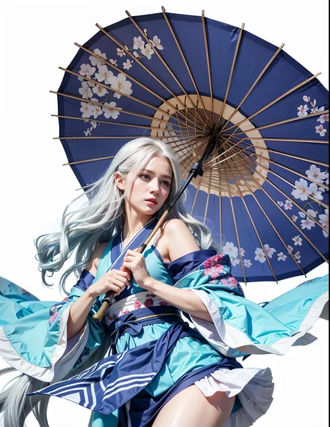 A women wearing blue kimono, A women with long white hair, A woman holding umbrella, A women with blue eyes, Ultra Realistic, Ultra Hd, Ultra Detailing, Hyper Realistic, 8k, 4k ultra hd 