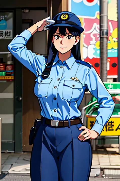 black hair, large breasts,police uniform, light blue shirt, blue pants, breast pocket, best quality, masterpiece,blue cap,black ...