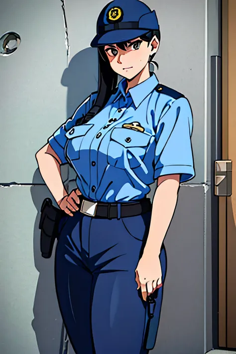 black hair, large breasts,police uniform, light blue shirt, blue pants, breast pocket, best quality, masterpiece,blue cap,black ...