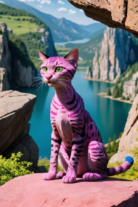 Masterpiece, (Pink Panther:Felix the Cat:0.5), aggressive, in attack position, surrounded by intricately detailed rocks and a shimmering lake, high quality picture, hyper-realistic representation, cinematic look, HD in 32k--AR 3:2--in the style of a cartoo...