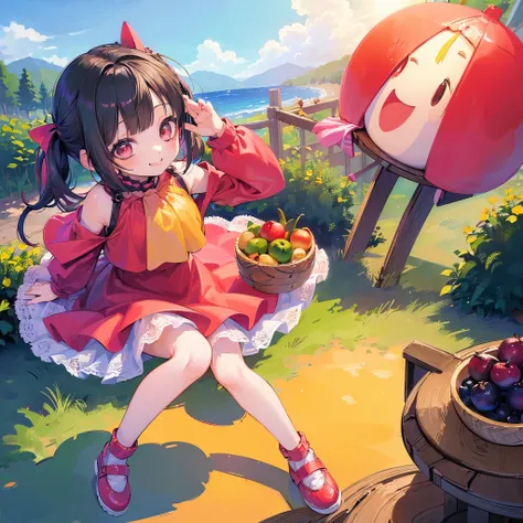 (photorealistic:1.37)、octane rendering、Chibi girl doll in the center of a fruit platter、Girl has twin tail hairstyle and smiles、Bright colors、soft sunlight、playful atmosphere、peaceful environment、detailed texture、Bright colors、cute shoes with accessories、H...