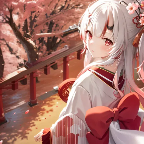 Red and white kimono, Cherry blossoms, falling petals, temple shrine background, Day time setting, alone, 1 girl, Individual individuals, looking at the audience, white hair, pink eyes, them trumpet, them_trumpet, Japanese cartoons_them_trumpet, Oiran