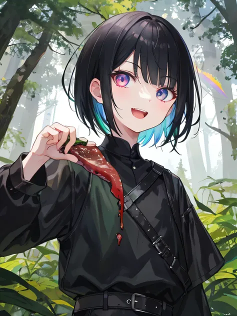 A beautiful girl holding a piece of well-cooked black meat the size of her fist , black meat ,Black short hair , Holding meat in both hands and opening a small mouth , Teeth are sharp , rainbow colored eyes , Small in size , upper body , mouth open , sharp...