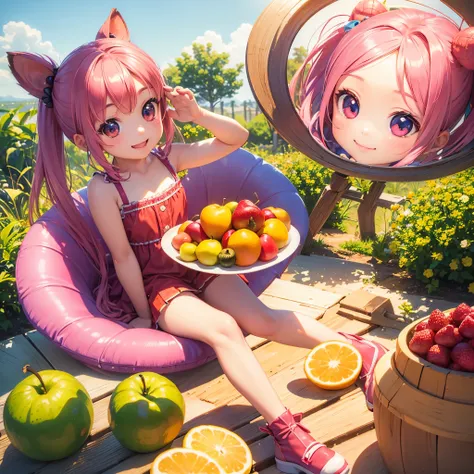 (photorealistic:1.37)、octane rendering、Chibi girl doll in the center of a fruit platter、Girl has twin tail hairstyle and smiles、Bright colors、soft sunlight、playful atmosphere、peaceful environment、detailed texture、Bright colors、cute shoes with accessories、H...