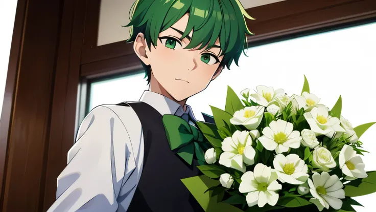 18 year old man with green hair, green eyes, wearing a school uniform, taking a photo shoot, carrying flowers, white background, very detailed