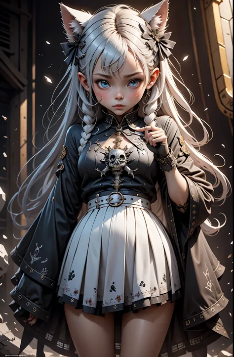 1girl,cute,horrible,scary,dark,unhappy,depressive,disturbing,weird,graffiti,standing surrounded by skulls and chaos,,chaos,kawaii,comic panel,sketch,tiny details,masterpiece,perfect craftsmanship , award-winning work, watercolor, art station trends, sharp ...