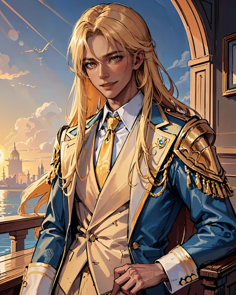 (masterpiece, best quality), solo, ((male)), (handsome), ((dark skin)), gentle, charming, smiling, heliodor, long blonde hair, yellow eyes gleam with confidence, (blue suit and subtle golden accents), sun, sun rays, sky, sunset, intricate details, upper bo...