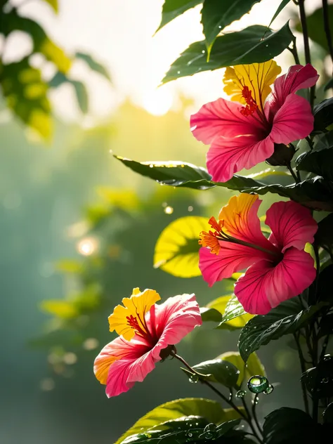 hibiscus sunlight with water drops,neon glow, yellow hibiscus random background, sun rise, bokha mood