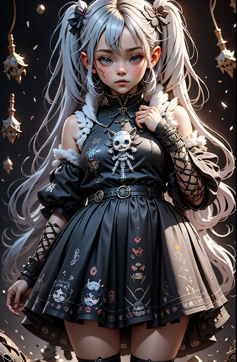 1girl,cute,horrible,scary,dark,unhappy,depressive,disturbing,weird,graffiti,standing surrounded by skulls and chaos,,chaos,kawaii,comic panel,sketch,tiny details,masterpiece,perfect craftsmanship , award-winning work, watercolor, art station trends, sharp ...