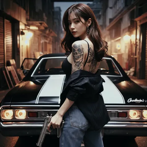 Photoreal、realistic skin texture、tattoo、gun、scratch、Blood、