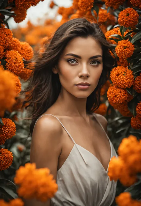 A woman with flawless skin stands amidst a sea of Orange blossoms, her gaze meeting the camera with a sense of intrigue. The matching tones of the image create a romantic atmosphere, perfectly matching the color palette. The sharp focus captures every deta...