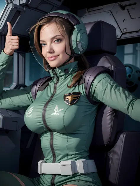 (((masterpiece,highest quality,In 8K,Super detailed,High resolution,anime style))),A female Earth Federation Forces pilot sits in the cockpit of a mobile suit..,(alone:1.5),(Angelina jolie:1.5),(((front:1.4))),((smile:1.5)),(((good:1.5))),(((The background...