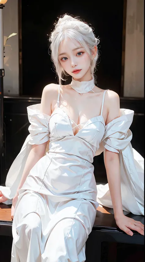 A beautiful woman with white hair、A serene figure standing in the attire of a sister.。Her white monk&#39;s robe brings out her elegant beauty.、It has a quiet atmosphere.。White hair has a gentle shine、Deep blue eyes reflect the knowledge and faith that resi...