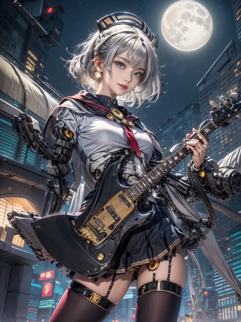 cinematic lighting,super dense skin、Beautiful quality with attention to detail,perfect anatomy,cyber punk、(dim color, pleasant color:1.3),(Detailed beautiful facial features、golden eyes:1.3)(sailor suit、Black pleated skirt:1.4)(Arms and legs are mechanical...