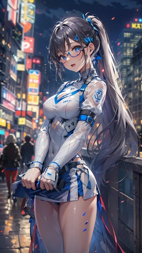 woman,14 years old,,city,night,(((white and blue tight miniskirt bodysuit))),,open mouth smile((See-through))glasses,((beautiful long ponytail)),((Baby girl body shape))