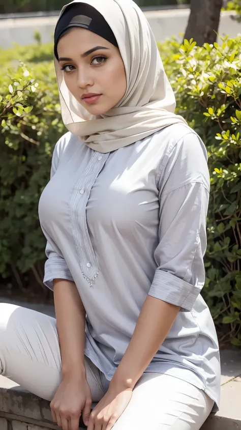 RAW, (Best quality, high resolution, work: 1.3), Beautiful Malay woman in hijab, fit body, Big breasts, Beautiful big eyes, Soft smile, beautiful face, slightly open mouth, thick thighs, beautiful girl, beautiful bustock, detailed face,) (Close Up),woman i...