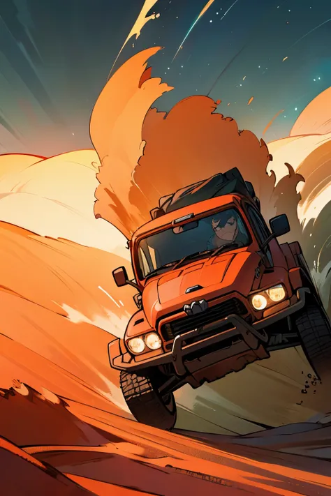 Amidst the vast expanse of a barren desert, an off-road vehicle roars to life, its engine growling as its driver advances relentlessly against the unforgiving terrain. Suddenly, a monstrous snowstorm surges from the distant mountains, swirling clouds of wh...