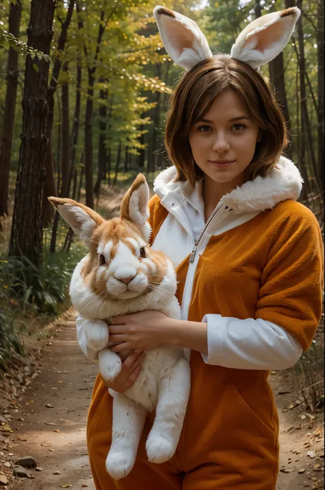 a white-skinned woman with short brown hair in a fluffy orange fox costume with a long tail and ears holds a white plush hare in her hands, In the woods,