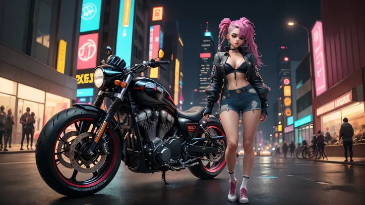 masterpiece, Best Quality, Confident cyberpunk girl, Full body shot, ((Stand in front of the motorcycle, socks, perfect body, sexy, revealing clothes)), Pop costumes inspired by Harajuku, Bold colors and patterns, Eye-catching accessories, Trendy and innov...