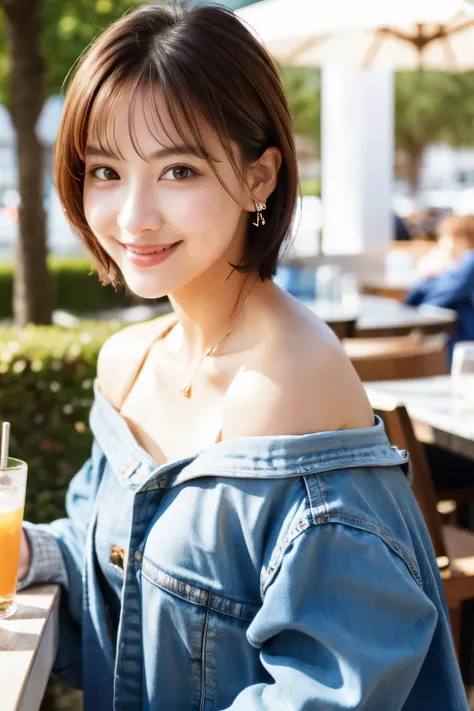 best quality, photorealistic, 4k, highres, perfect lighting, gorgeous, masterpiece, realistic, closeup portrait,
1girl, piercing eyes, wearing an off-shoulder jacket, medium breasts, short hair, looking at viewer, smile, outdoors, in a cafe