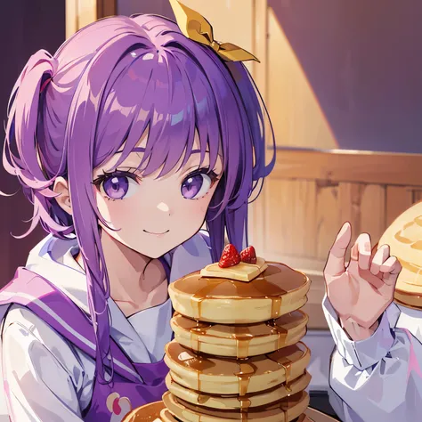 (T Masterpiece，4k wallpaper，best quality))、((girl１people))、(solo)、Brilliant，(purple hair)、(shortcut:1.3)、smile、(Pancake:1.3)
