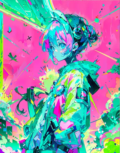 anime girl, Wearing an astronaut suit, Neon pink and blue colors, scar, sticker, Neon style throughout the shot