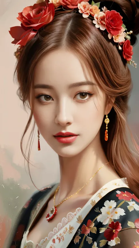 painting of a woman with a red flower in her hair, elegant digital painting, beautiful art uhd 4 k, beautiful gorgeous digital art, very beautiful portrait, painting of beautiful, beautiful portrait oil painting, detailed beautiful portrait, beautiful char...