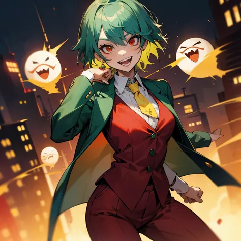 female joker, anime girl, green hair, red blazer, red pants, green collared shirt, yellow, yellow linen waistcoat, red eyes, clo...