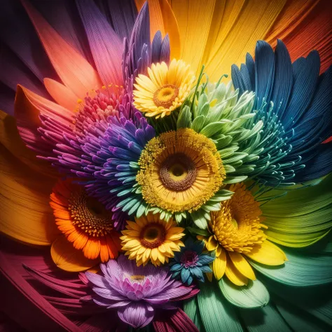 Create a flat, colorful image featuring a variety of flowers in vibrant, attractive colors. The image should be cheerful and full of energy, with clearly defined, detailed flowers of various sizes and shapes. The flowers should be evenly distributed, creat...