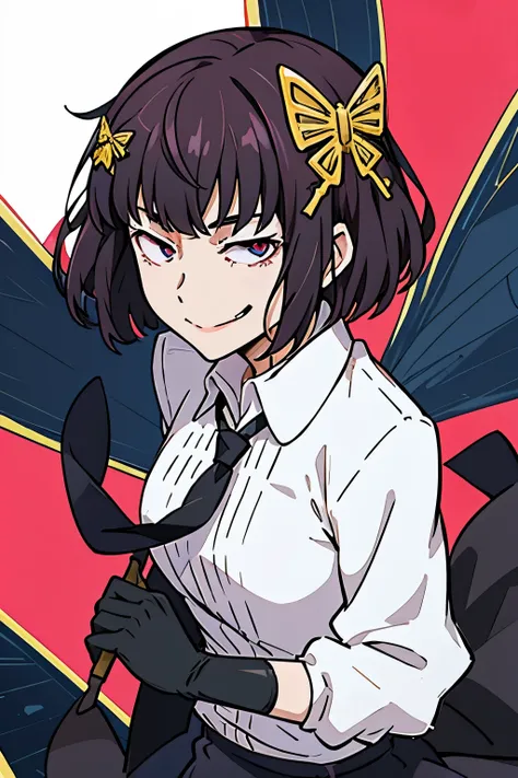 yosano akiko,butterfly hair ornament,white shirt,black necktie,black gloves,smirk