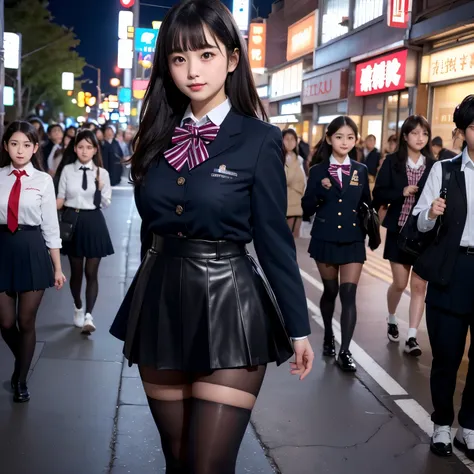 low angle shot、big breasts、Shoes are visible、super treet snap、tall, A baby-faced gal woman wearing a short skirt and bow tie is standing in a neon street at night、high school student、Thin calf、japanese girl、Winter clothes、Wearing Japanese school uniform、Ja...