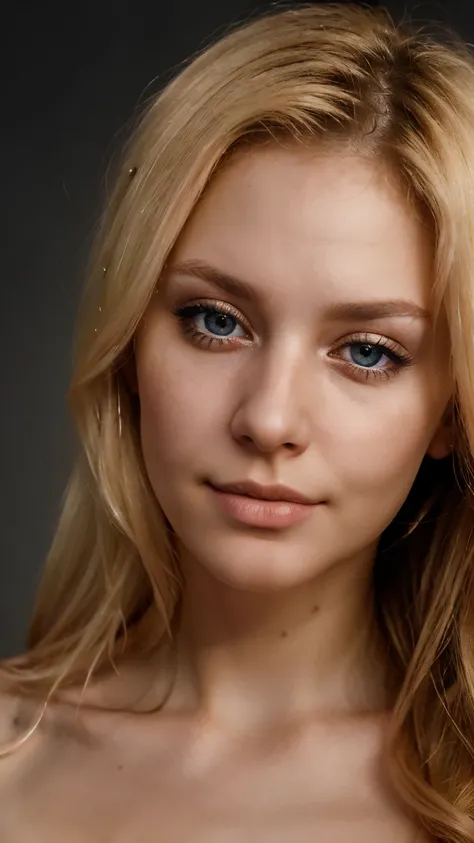 close up portrait of a gorgeos charismatic blonde skinny 29 years old russian woman, seductive eyes, slightly smiling, symetric face , looking straight into the camera, , studio lighting.