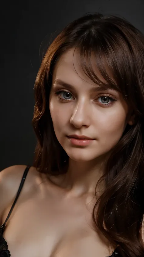 close up portrait of a gorgeos  skinny 29 years old russian woman, seductive eyes, slightly smiling, symetric face , looking straight into the camera, , studio lighting.