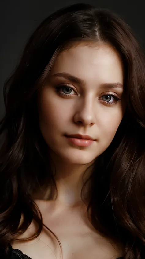 close up portrait of a gorgeos  skinny 29 years old russian woman, seductive eyes, slightly smiling, symetric face , looking straight into the camera, , studio lighting.