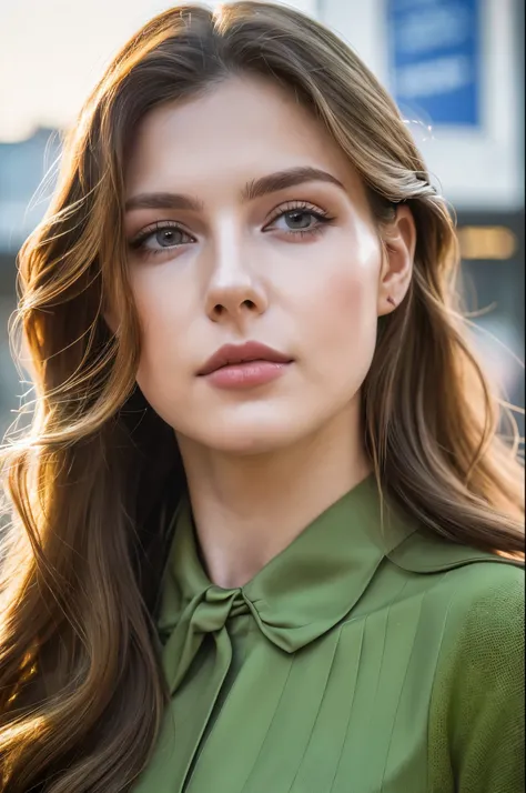 Face portrait photo oF a 21-year-old German woman, .raw, beautiFul woman, half strawberry lips, Fossettes, nostalgic look, green eyes, great student, Large eyelashes, (Brown extra long wavy hair), ((detailed Face)), ((detailed Facial Features)), (Finely de...