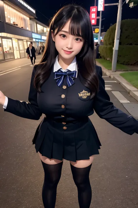 high angle shot、big breasts、Shoes are visible、super treet snap、tall, A baby-faced gal woman wearing a short skirt and bow tie is standing in a neon street at night、high school student、Thin calf、japanese girl、Winter clothes、Wearing Japanese school uniform、J...