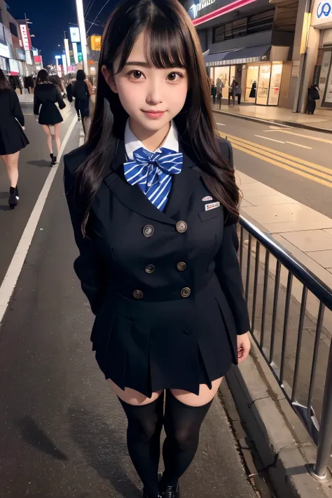 high angle shot、big breasts、Shoes are visible、super treet snap、tall, A baby-faced gal woman wearing a short skirt and bow tie is standing in a neon street at night、high school student、Thin calf、japanese girl、Winter clothes、Wearing Japanese school uniform、J...