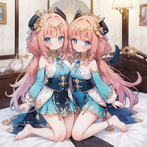 (best quality,8k,high resolution,masterpiece:1.2),super detailed,lifelike,CG wallpaper,Excellent, Beautiful and delicate face, 2 girls, hug together，cross-shaped pupils, Default attire, Everlasting，Kneel on the bed，blushing