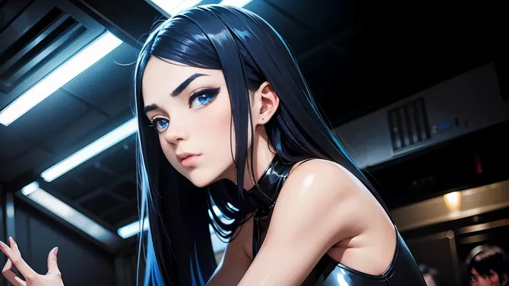 cool phonk anime girl , dark blue hair , blue eyes , rainy time , underground dance club , whole body shot, big brest, (Perfect thick white eyebrows) Delicate fur, 详细s face, s the perfect face, At a in an underground dance club like tron movie, (Drink a gl...