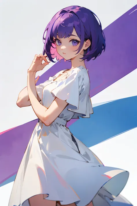 A girl with short purple hair in a white dress, plain background, Super high quality, 8K